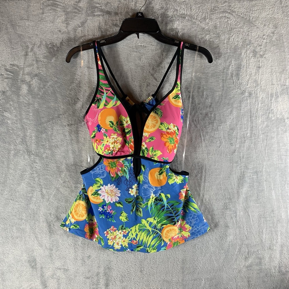 Bar III Women's Swimsuit L Tankini Top Floral Cut Out Plunge Tie Back Swim Beach